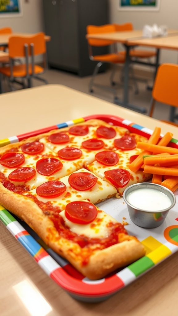 Classic 80s School Lunch Pizza Recipe Classic school lunch pizza with pepperoni on a tray, served with carrot sticks and ranch dressing.